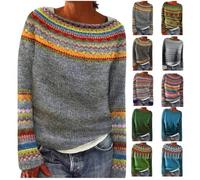 Dyhxuan Women's Vintage Knitted Jumper Large Sizes Norwegian Jumper Warm Comfortable Winter Jumper Elegant Sweater Crew Neck Knitted Jumper Long Sleeve Wool Jumper Autumn Winter Tops Wool Jumper,