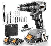 DYJPOW Cordless Drill Driver 21V, Brushless Cordless Hammer Drill with 2 Batteries 2000mAh, 20+3 Torque, 45N.m Max Electric Drills, 14PCS Drills Bits, 2 Speed, LED Light for Home, Garden DIY Project