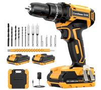 DYJPOW Cordless Drill Driver 21V, Cordless Hammer Drill with 2 Batteries 2000mAh, 25+3 Torque, 42N.m Max, 14PCS Drill Bits, 2 Speed, LED Light for Home and Garden DIY Project, Yellow