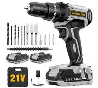 DYJPOW Cordless Drill Driver 21V, Cordless Hammer with 2 Batteries 2000mAh, 25+3 Torque, 42N.m Max Electric Drill, 14PCS Drill Bits, 2 Speed, LED Light for Home and Garden DIY Project, Grey