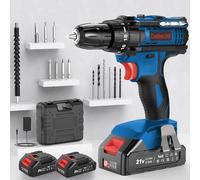 DYJPOW Cordless Drill Driver 21V, Power Drill with 2 * 2000mAh Battery, 18+1 Torque, 42N.m Max, 2 Speed, 14PCS Drill Bits, 10mm Chuck, LED Light for Home and Garden DIY Project, Blue