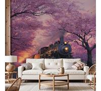 Dyjuaa Vintage Locomotive Wallpaper, Retro Steam Train Wall Mural, Romance Cherry Blossom Wall Muralsfor Bedroom Living Room, Renter Friendly Shelf Drawer Liner Contact Paper,200x140 cm