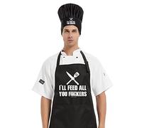 DYJYBMY I'll Feed All You Chef Hat and Apron Set, Funny Cooking Grilling Apron Gift for Men Woman Dad Mom, Gift for Dad Husband Boyfriend Chef, Adjustable Size