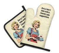 DYJYBMY Sorry I Don't Take Orders and I Barely Take Suggestions Funny Oven Mitts and Pot Holder Set, Funny Vintage Lady Kitchen Gadgets for Women, Housewarming Gifts for Chef Friend Mom Sister BFF