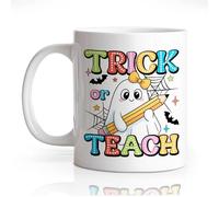DYJYBMY Trick Or Teach Ceramic Mug, Halloween Ghost Mug For Teacher, Funny Halloween Coffee Cup with Cute Ghost, Fall Thank You Gifts For Counselor Tutor, Spooky Season Vintage Gifts for Coffee Lover