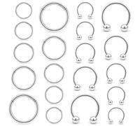Dyknasz 20PCS 16G Surgical Steel Hinged Clicker Segment Septum Lip Nipple Ring Hoop Cartilage Tragus Helix Sleeper Earrings Horseshoe Piercing Jewelry for Women Men 8mm 10mm 12mm 14mm 16mm Silvertone