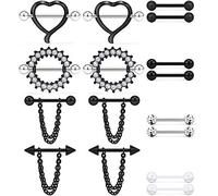 Dyknasz 316L Surgical Steel Chain Dangle Nipple Shield Rings Nipplering Barbell Piercing Jewelry for Women Men 14G 8 Pairs Externally Threaded Ball Spike Black Clear Diamond CZ