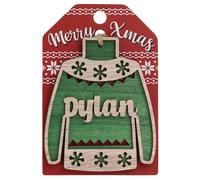 Dylan Name Christmas Jumper Wooden Tree Decoration Personalised Bauble Xmas Green