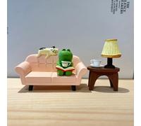 Dylayos Miniature Reading Frog and Cat Figurine Set, Pink Sofa with Table Lamp, 3 Pieces, Desk Shelf Decor, Funny Gifts for Frog and Cat Lovers