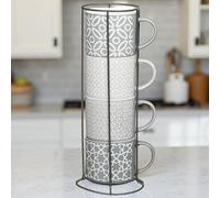 Dylex Jumbo Embossed Stacking Mugs, 470ml Ceramic Cups with Metal Stand, Set of 4, Grey and White, Geometric Pattern