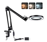 Dylviw Magnifying Glass with Light and Stand, 3 Color Modes Stepless Dimmable, 5-Diopter Glass Lens, Adjustable Swivel Arm, LED Magnifier Desk Lamp for Close Work, Repair, Crafts, Reading - Long