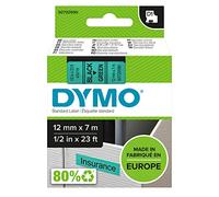 Dymo D1 S0720590 / 45019 Authentic Label Tape Self Adhesive Black Print on Green 12 mm x 7m