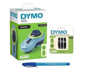 Dymo Junior Home Embossing Label Maker | 42 Character Wheel | No Batteries Required & Embossing Label Tape (S0847730) | 9 mm x 3 m Rolls | White Print on Black | 3 Count & PaperMate Pen