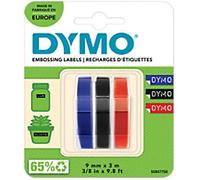 DYMO Authentic Embossing Labels | 9mm x 3m | Black, Blue & Red Self-Adhesive Labelling Tape | for Embossing Label Makers | 3 Count | Made in Europe