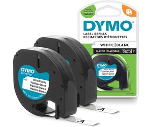 DYMO LetraTag Genuine Plastic Label Tapes | 12mm x 4m | Black Print on White | Durable Self-Adhesive Multi-Surface Rolls | Pack of 2