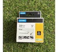 Dymo IND S0718600 / 18444 Authentic Rhino Vinyl Label Tape Self Adhesive Black Print on White 12 mm x 5.5m