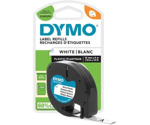 Dymo S0721660 LetraTag Plastic Tape, Self-Adhesive, 12 mm x 4 m Roll, Black Pri