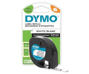 Dymo S0721660 LetraTag Plastic Tape, Self-Adhesive, 12 mm x 4 m Roll, Black Print on White
