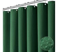 Dynamene Dark Green Fabric Shower Curtain - Waffle Weave Textured Heavy Duty Cloth Shower Curtains for Bathroom, 256GSM Hotel Luxury Weighted Bath Curtain Set with 12 Hooks,72x72, Dark Green