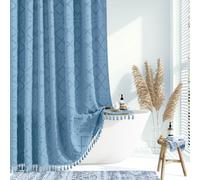 Dynamene Moonlight Blue Fabric Shower Curtain, Boho Tufted Geometric Striped Tassel Bathroom Shower Curtain, Shabby Chic Textured Farmhouse Waterproof Cloth Shower Curtain Set, Wrinkle Free, 72x72