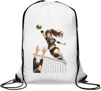Dynamic Female Volleyball Player Jumping High Gym Sack Casual Drawstring Bag White