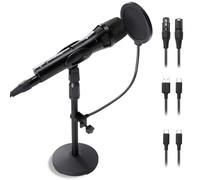 Dynamic Microphone XLR/USB-C for Recording/Singing, Hypercardioid＆Noise Rejection, Mic Gain, with Desktop Stand, Pop Filter, Headphone Jack, for Mac, PC, Audio Interface for Podcast, Studio, Singing