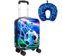 Dynamic Soccer Kids Luggage with Wheels 2PC Set: Airline-Approved Carry On Boys Suitcase with 360° Spinner Rolling, Includes Neck Pillow