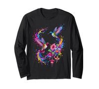 Dynamic Watercolor Hummingbirds and Tropical Floral Splatter Long Sleeve T-Shirt