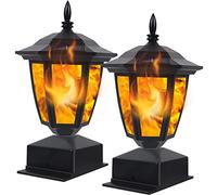 Dynaming 2 Pack Black Solar Flame Post Lights Outdoor, Solar Powered Fence Post Cap Lights, Modern LED Lantern Decorative Waterproof for Garden Deck Patio, Fit 4x4, 5x5 or 6x6 Wooden Posts