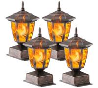 Dynaming 4 Pack Bronze Solar Flame Post Lights Outdoor, Solar Powered Fence Post Cap Lights, Flickering Flame LED Lantern Waterproof for Garden Deck Patio, Fit 4x4, 5x5 or 6x6 Wooden Posts