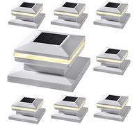 Dynaming 8 Pack Solar Post Lights, Outdoor Decorative Posts Cap Light, Solar Powered White Shell Caps, High Brightness Warm White SMD LED Lighting for Fence Deck Patio, Fit 4x4, 5x5 or 6x6 Wooden Post