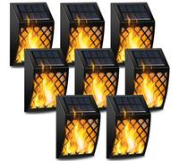 Dynaming 8 Pack Solar Powered Wall Lights, Flickering Flame Auto On/Off, Modern Black Wall Mounted Fence Deck Lights, 3.34 x 1.38 x 5.7 Inches, Yellow