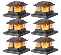 Dynaming Solar Flame Post Cap Lights Outdoor, Solar Powered Fence Post Light, Flickering Flame LED Lantern Lamps Waterproof for Garden Deck Patio, Fit 4x4, 5x5 or 6x6 Vinyl/Wooden Posts, 6 Pack