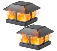 Dynaming Solar Flame Post Cap Lights Outdoor, Solar Powered Fence Post Light, Flickering Flame LED Lantern Lamps Waterproof for Garden Deck Patio, Fit 4x4 Wooden/Vinyl Posts, 2 Pack