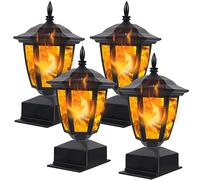 Dynaming Solar Flame Post Lights Outdoor, Solar Powered Lamps Fence Post Cap Lights, Flickering Flame LED Lantern Decorative Waterproof for Garden Deck Patio, Fit 4x4, 5x5 or 6x6 Wooden Posts, 4 Pack