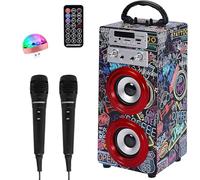 DYNASONIC Karaoke Machine with 2 Microphones, Portable Bluetooth Speaker with Lights, USB and SD Reader, Gift for Children (Model 21 lights)