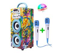 DYNASONIC Karaoke Machine with 2 Microphones, Portable Bluetooth Speaker with Lights, USB and SD Reader, Gift for Children (Model 22 lights)