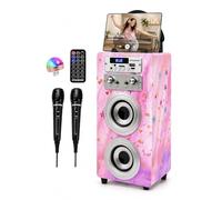 DYNASONIC Karaoke Machine with 2 Microphones, Portable Bluetooth Speaker with Lights, USB and SD Reader, Gift for Children Ages 5-13 (Model 15 lights)