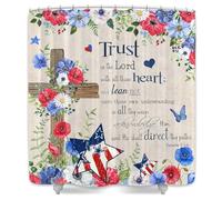 DYNH Bible Flower Shower Curtain,Trust in The Lord Motivational Words Christian Scripture Cross Bathtub Curtain,Country Farm Watercolor Butterfly Abstract Bathroom Decor,Beige,69X70 in