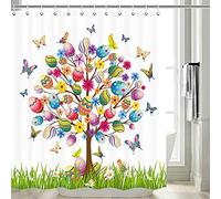 DYNH Easter Shower Curtain, Spring Festival Easter Tree Shower Curtain, Colorful Easter Bunny Rabbit Egg with Butterfly Shower Curtain Sets, Fabric Shower Curtain Hooks Include, 70 in, Multicolor