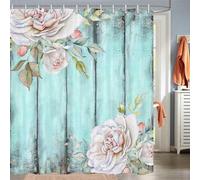 DYNH Spring Floral Shower Curtain, Rustic Teal Barn Wood Shower Curtain Country Farmhouse Shower Curtain Shabby Chic Rose Floral Shower Curtain Spring Bathroom Set with Hooks,72X72IN