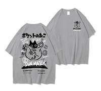Dynict Unisex Cartoon T-Shirts Harajuku Kawaii Cat Letter Printed Short Sleeve Tees Couple Loose Clothes Y2K Tops, Gray, M
