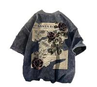 Dynict Unisex Y2k T-Shirt Rose Letter Print Oversized Graphic Tees Short Sleeve Gothic T-Shirts Grunge Clothes, Grey, L