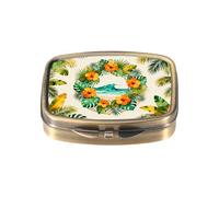 Dynippy Pill Case Pill Box with Mirror Retro Pocket 2 Compartment Medicine Case Vitamin Pill Organizer for Pocket Purse and Travel (A-Tropical Beach Wreath)