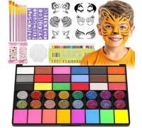 Dynozim Face Painting Kit for Kids with Stencils, 42 Colors Non Toxic Face Paint with 16 Face Paint Crayons, 6 Reusable Face Painting Stencils, 40 Sticky Stencils for Kids Party and Halloween