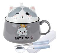 DYOUen Ramen Bowl with Handle and Lid - Ceramic Instant Noodle Bowl for Soup, Salad, Cereal (Grey)