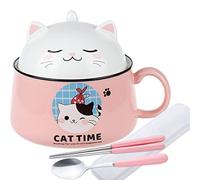 DYOUen Ramen Bowl with Handle and Lid - Ceramic Instant Noodle Bowl for Soup, Salad, Cereal (Pink)