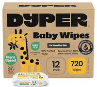 DYPER Plant Based Wipes For Toddlers and Babies, Viscose Lyocel Blend, Hypoallergenic for Sensitive Skin, Unscented, 99% Water Based Wipes For Face and Hands, 720 Wipes