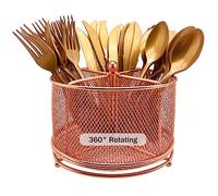 DysanVica 360 Rotating Metal Utensil Caddy - 4 Compartment Silverware Cutlery Holder Fork Spoon Napkin Organizer Flatware Storage Basket Party Countertop Buffet Picnic Camping Outdoor Rose Gold Pink