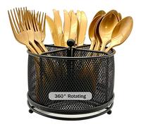 DysanVica 360° Rotating Metal Utensil Caddy - 4 Compartment Silverware Cutlery Holder Rotation Fork Spoon Napkin Organizer Flatware Storage Basket Party Countertop Buffet Picnic Camping Outdoor Black
